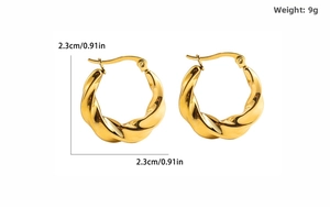 Detailed close-up of 18K gold-plated chunky twisted hoop earrings with size measurements