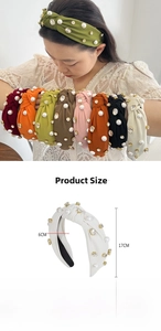 Detailed size specifications for wide knotted fabric headband with pearls and rhinestones