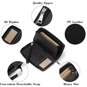 Detail view of RFID PU leather wallet features quality zipper and detachable wrist strap