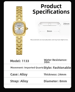 Spécifications de la montre à quartz dorée vintage avec étanchéité de 30 mètres