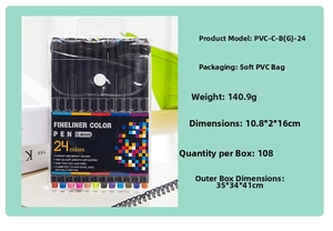 Detail of 24-color fineliner pen set with 0.4mm tips in a clear PVC pouch