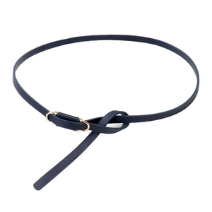 Navy blue slim leather belt for women with a minimalist gold metal buckle on white background