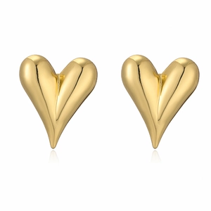 Detailed close-up of 18K gold plated polished heart-shaped earrings on white background