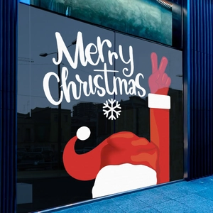 Christmas Window Clings PVC Static Cling Santa Hat Peace Sign Merry Christmas Waterproof UV Printed Shop Home Holiday Decor