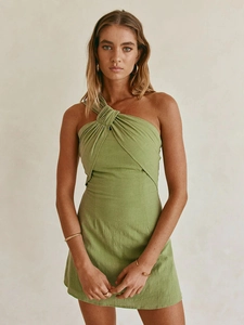 Green cotton mini dress with single knot shoulder and backless slim fit summer style