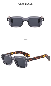 Front and side view of square sunglasses with gray-black frame and tortoiseshell temples