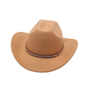Khaki Western cowboy hat with studded rhinestone band shown in side view on white background