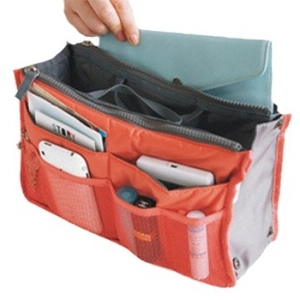 Orange nylon handbag organizer insert with multiple mesh pockets and double zippers