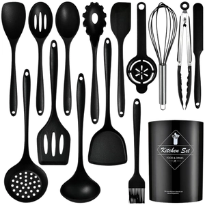 Complete 11-piece black silicone kitchen utensil set with matching storage container