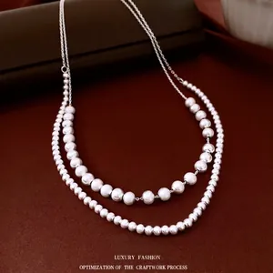 Women French Palace Style Double Layered Copper Imitation Artificial Pearl Long Sweater Chain Necklace With OT Clasp Elegant Jewelry