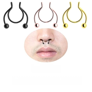 U-shaped non-pierced nose ring set in gold, rose gold and black stainless steel