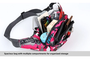 Macro view of multi-pocket camo waist bag showing spacious storage for mobile and accessories