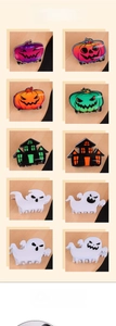 Detailed grid display of Halloween hair claws featuring pumpkin and ghost designs
