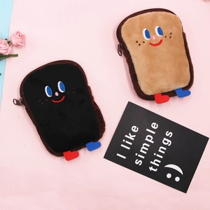 Lot de porte-monnaie toast en peluche marron et noir avec broderies mignonnes