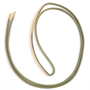 Detail of army green braided cord necklace with curved gold metallic pendant and caps