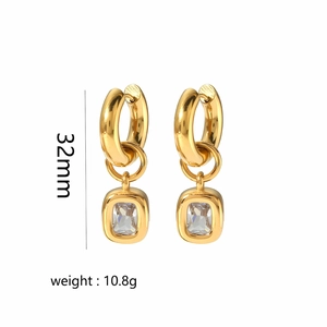 Luxurious gold stainless steel earrings with oval zircon pendant, 32mm height 10.8g