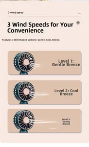 Infographic showing three adjustable wind speeds of a green mini USB portable fan