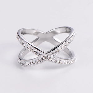 Cross-over pave setting ring with shimmering white zircons in a minimalist silver finish