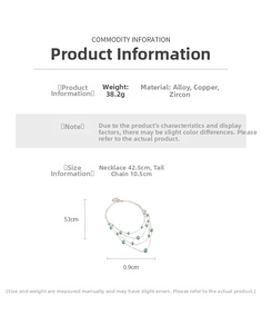 Detailed specs of layered necklace with blue zircon stones, alloy material, and measurements
