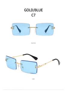 Detail view of rimless square sunglasses with blue gradient lenses and gold metal frames