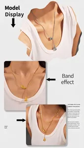 Detail view of gold and silver teardrop tassel necklaces worn by models in tiered style