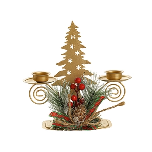 Golden Christmas double candle holder with metal pine tree, red berries and plaid ribbon