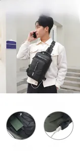 Detail of waterproof nylon chest bag featuring an external USB charging port and zipper pocket