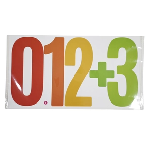 Detail view of colorful waterproof number stickers 0-3 and plus sign in packaging