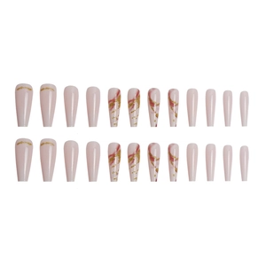Faux ongles ballerine longs avec textures marbre nude et accents pailletés dorés
