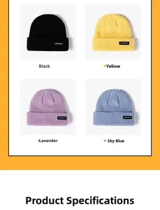 Detail showing knit beanies in black, yellow, purple and sky blue with letter patches