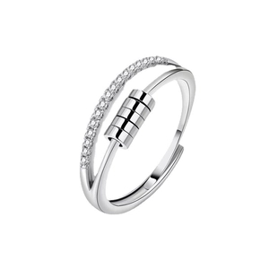 Silver rotating anxiety ring with five movable beads and sparkling zircon row for women