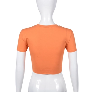 Back view of orange crew neck crop top with short sleeves and distressed cut details