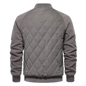 Back view of a grey men's quilted jacket featuring diamond stitching and fleece sleeves
