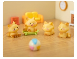 Macro view of four cute resin fox figurines in a detailed cozy miniature room scene