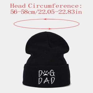 Detail showing the 56-58cm head circumference for the Dog Dad embroidered beanie hat