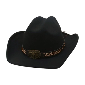 Classic black wool cowboy hat featuring a vintage metallic bull head buckle detail