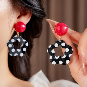 Fashionable flower drop earrings with red studs and black white polka dot floral charms