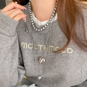 Alloy Heart Pendant Necklace Real Gold Plated Copper With Glass Beads Layered Adjustable Ball Chain For Women Girls