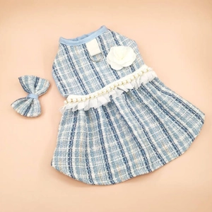 Detail of blue tweed pet dress with pearls, 3D flower and matching bow headpiece