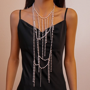 Exaggerated Multi Layer Body Chain Necklace With Imitation Artificial Pearl Glass Beaded Tassel Statement Jewelry For Women Fashion