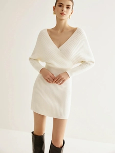 Elegant Crossover V Neck Knitted Mini Dress Long Sleeve Bodycon Ribbed Slim Fit Short Sweater Dresses For Women