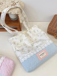 Cute patchwork canvas tote bag with rabbit floral prints and lace heart quilting