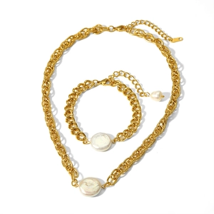 18K gold plated stainless steel jewelry set with irregular natural baroque pearls