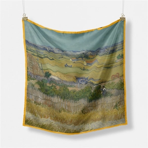 Detail of square silk scarf featuring Van Gogh Harvest oil painting with yellow borders
