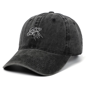 Vintage washed cotton baseball cap with UFO embroidery and wide brim for sun protection