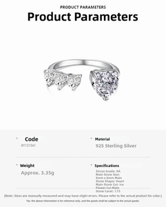 Detailed view of 8A heart-shaped zircon ring with S925 stamp and ice flower cut