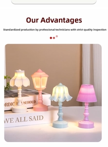 Close-up of mini lily of the valley LED night lights in four pastel colors on decorative books