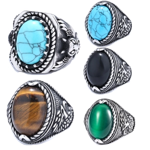 Vintage Stainless Steel Ring With Turquoise Tiger Eye Stone Eagle Engraved Punk Biker Jewelry For Men