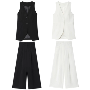 Gilet Sans Manches À Col En V Pour Femmes Et Pantalon Large Plissé À Taille Haute Polyester Business Décontracté Bureau Streetwear