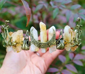 Detailed close-up of handmade Viking crown with raw natural crystals and a bird skull
